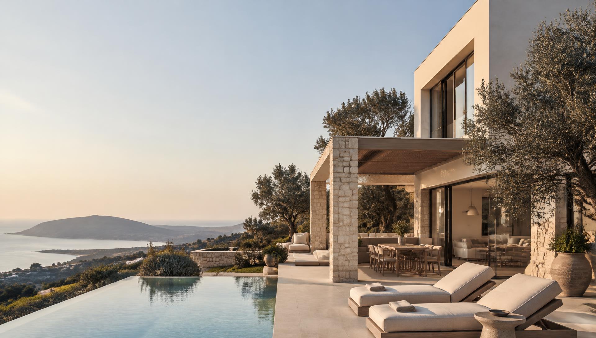 Modern stone villa overlooking the sea